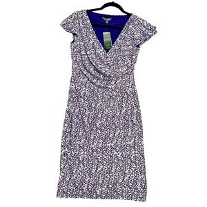 Lauren Ralph Lauren Dress Women 2 Blue Floral Surplice Sheath Cap Sleeve  V-Neck